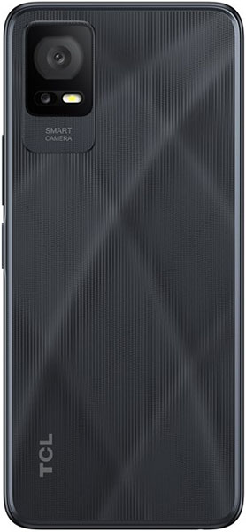 TCL 406 smartphone rear view, showing dark textured back with camera module and TCL branding