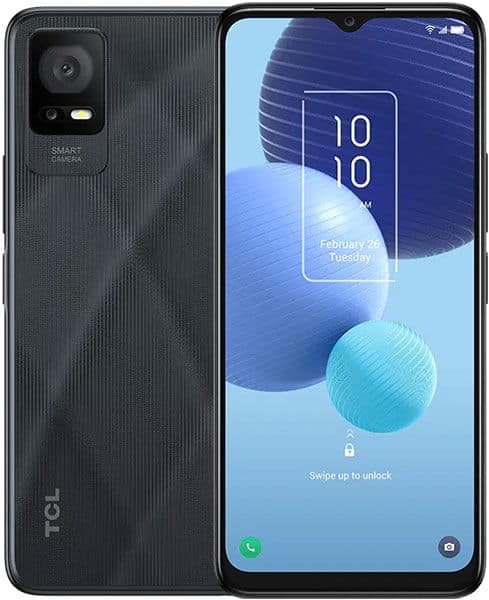 TCL 406 smartphone front and back view, black with textured rear, displaying lock screen with time and date