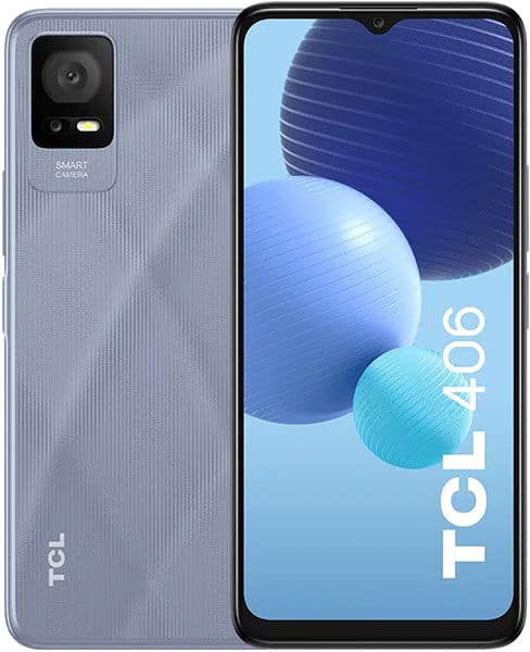 TCL 406 smartphone front and back view, showing gray textured back with camera module and blue gradient display screen