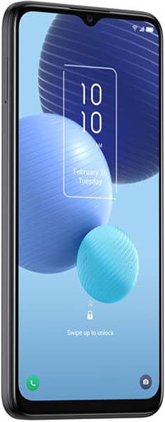 TCL 406 smartphone front view, displaying lock screen with time 10:10, date, and blue abstract wallpaper with spheres