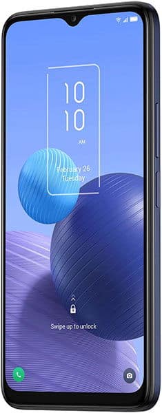 TCL 408 smartphone front view with blue lock screen displaying time 10:10 and abstract spherical design wallpaper