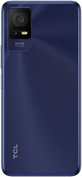 TCL 408 smartphone rear view, dark blue with textured finish, 50 MP camera module visible