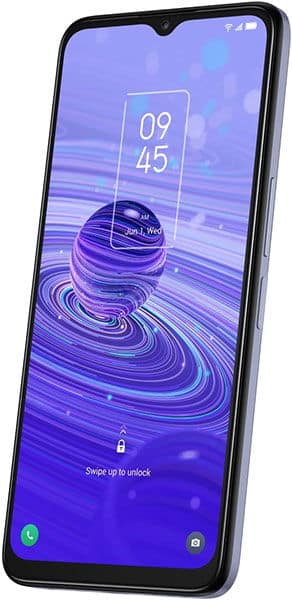 TCL 40R smartphone angled to show side buttons and partial front display with purple planet wallpaper and 09:45 on screen.