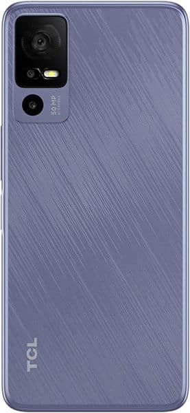 Rear view of lavender TCL 40R showing diagonal texture, dual cameras, LED flash, "50 MP" label, and TCL logo at bottom left.