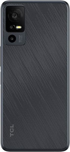 Rear view of black TCL 40R shows diagonal textured back, dual-lens rectangular camera module, and TCL logo at lower left.