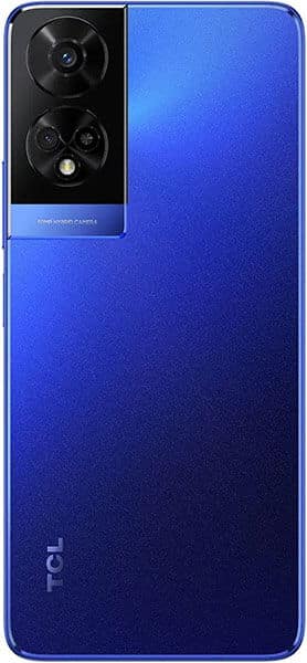 TCL 50 5G rear view, blue gradient back with dual camera module in upper left corner