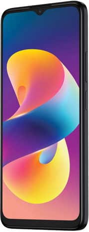 TCL 50 LE smartphone front view with colorful gradient display showing abstract swirling shapes in pink, yellow, and blue tones