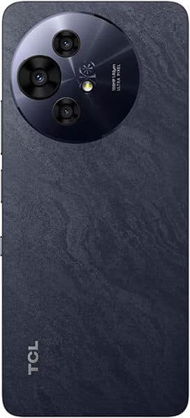 TCL 50 Pro NxtPaper rear view, showing dark textured back with circular camera module containing three lenses and LED flash