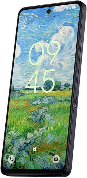 TCL 50 Pro NxtPaper smartphone front view displaying home screen with time 09:45 and painted landscape wallpaper