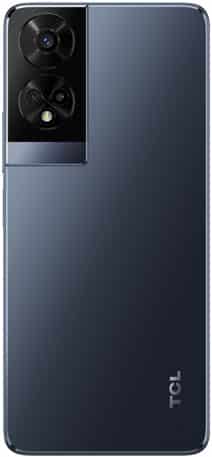 TCL 50 XE NxtPaper 5G rear view shows dual cameras and flash in top left, TCL logo at bottom right, dark metallic finish.