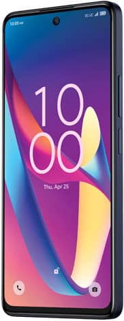 TCL 50 XL 5G smartphone front view, displaying colorful gradient wallpaper with time and date