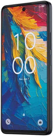 TCL 50 XL Nxtpaper smartphone, front view, displaying colorful abstract artwork on screen with black bezel and camera cutout
