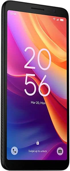 TCL 501 smartphone front view displaying colorful gradient screen with time and date display