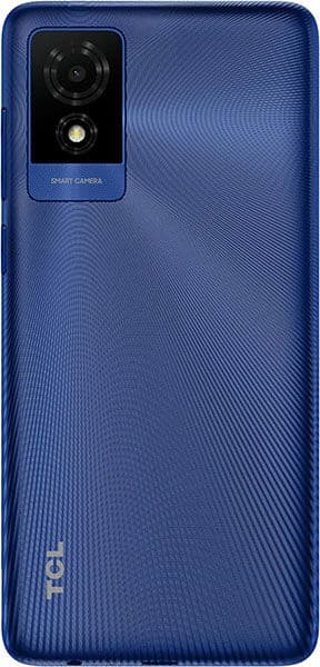 TCL 501 rear view, blue phone with dual camera module and textured back panel