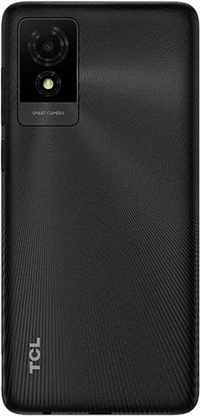 TCL 501 rear view, black textured back with dual camera module and flash in upper left corner