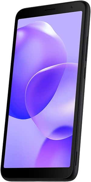 TCL 502 smartphone front view, black device with purple gradient abstract design on screen