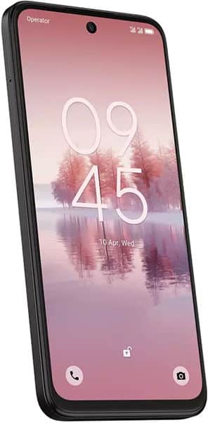 TCL 60 SE NxtPaper smartphone front view displaying lock screen with time 09:45 and misty landscape wallpaper