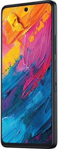 Front view of TCL 60 XE NxtPaper showing centered front camera, right-edge side buttons, and colorful abstract display.