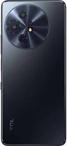 Rear view of black TCL 60 XE NxtPaper showing triple camera module and flash in upper left, TCL logo at lower left.
