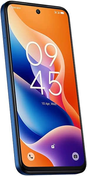 TCL 605 smartphone displayed front-on, showing colorful wallpaper with time 09:45 on screen, dark blue frame, and camera icon at bottom right