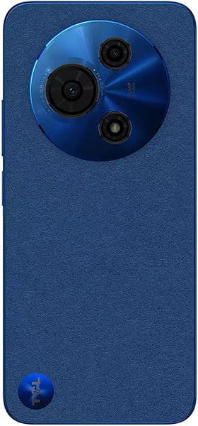 TCL 605 rear view, blue with triple camera setup and circular lens module