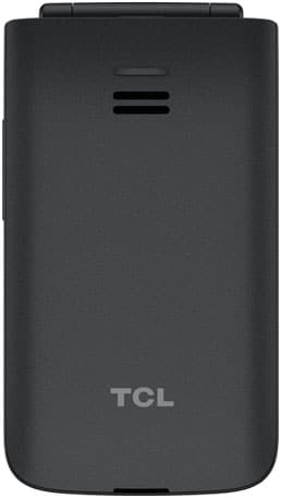 TCL Flip 3 rear view, closed, showing black exterior with TCL logo and speaker grille