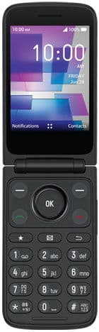 TCL Flip 3 phone open, showing colorful pixelated display with time and notifications, numeric keypad visible below