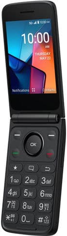 TCL Flip 4 5G open, displaying time and date on upper screen with numeric keypad and navigation buttons below