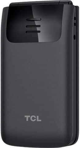 TCL Flip 4 5G closed, front view, showing dark gray exterior with TCL logo and vent slots on black upper bezel