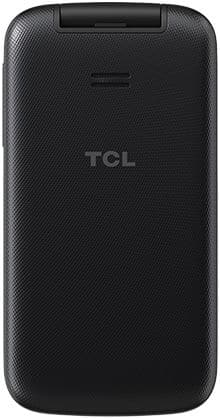 TCL Flip phone, rear view, closed, showing black textured back panel with TCL logo