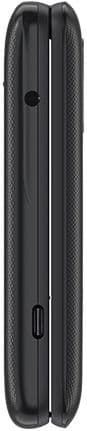 TCL Flip phone shown from the rear in closed position, displaying textured dark casing with center seam and control buttons along the spine