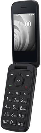 TCL Flip phone open, displaying home screen on upper display with physical keypad visible below