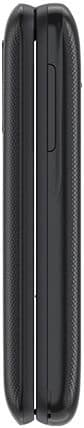 TCL Flip phone in closed position, viewed from the front, showing black exterior with vertical crease down the center