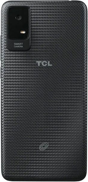 TCL Ion V rear view, black smartphone with textured back and square camera module in upper left corner