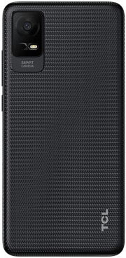TCL Ion X smartphone shown from rear, displaying black textured back panel with dual camera module and branding