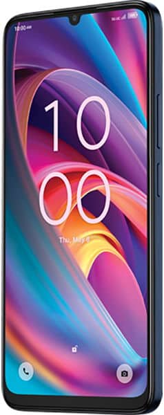 TCL K32 smartphone displaying colorful abstract wallpaper with time 10:00 on screen, front view