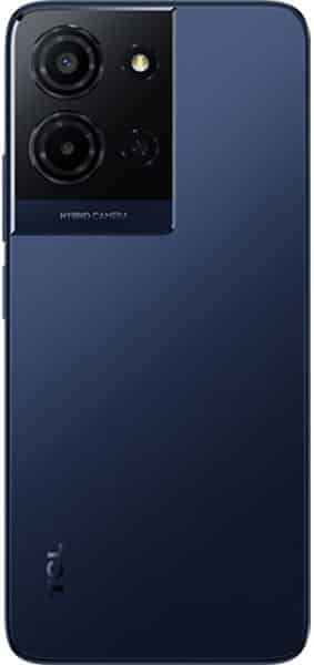 TCL K32 rear view showing dark blue back panel with dual camera setup and hybrid camera text on black camera module