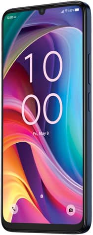 Front view of TCL K33 smartphone with vibrant abstract wallpaper, 10:00 time, May 9 date, and battery and signal icons visible.