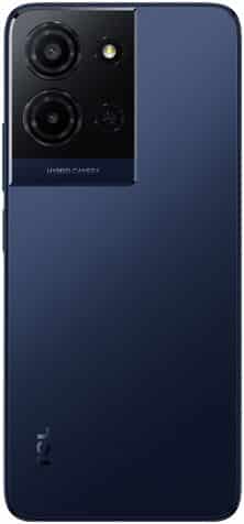 Rear view of navy blue TCL K33 showing triple-lens camera module, flash, and TCL logo at bottom left.