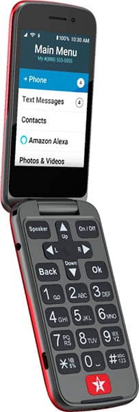 Front view of open red and black TCL Lively Flip phone showing main menu and large, easy-to-read keypad buttons.