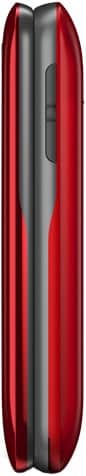 Side view of closed red TCL Lively Flip phone, glossy finish, showing hinge, side button, and both front and back panels.