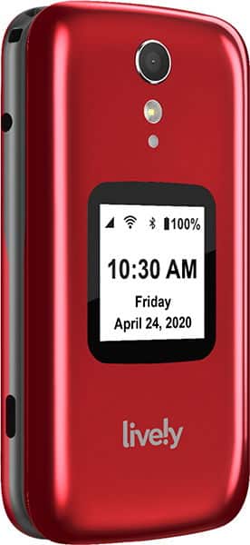 Front view of a red TCL Lively Flip phone with external display, camera, and "lively" branding below the screen.