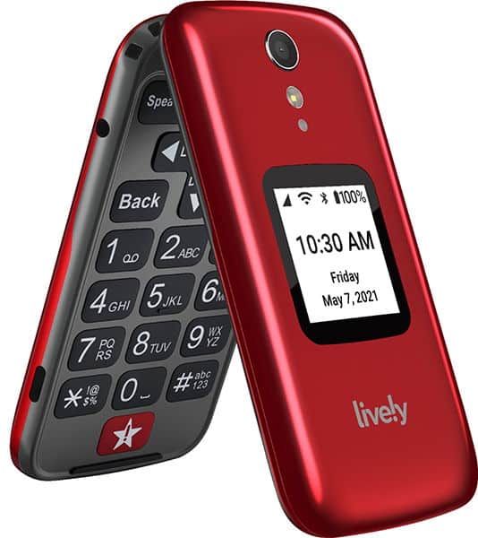 Front view of a red TCL Lively Flip phone showing large buttons, external display with time/date/battery, and “lively” branding.