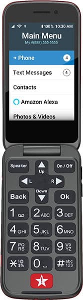Front view of an open TCL Lively Flip phone showing main menu and large keypad; time on screen is 10:30 AM.