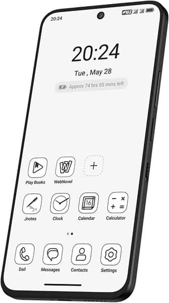 TCL NxtPaper 60 Ultra front view displaying lock screen with time, date, and app shortcuts on e-ink display