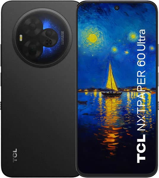 TCL NxtPaper 60 Ultra front and rear view, showing large circular camera module and display with starry night artwork