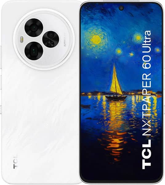 TCL NxtPaper 60 Ultra smartphone front and back views, white device with circular triple-camera setup and starry night landscape display