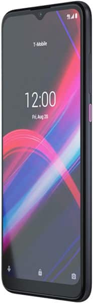 TCL Revvl 4+ smartphone with screen on, displaying colorful gradient wallpaper and time 12:00, viewed from front angle