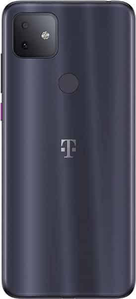 TCL Revvl 4+ rear view showing dark blue back with square camera module and T-Mobile logo
