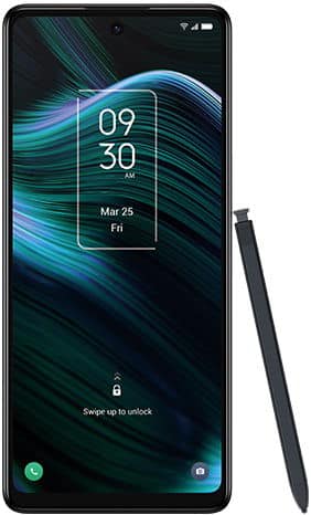 TCL Stylus phone shown from front with stylus pen displayed on right side, screen showing lock screen with time 09:30 and date Mar 25 Fri